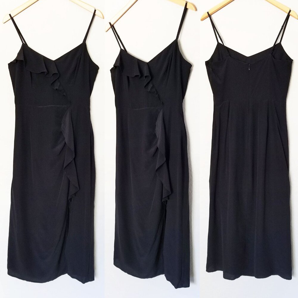 Parker 100% Silk Ellender Ruffle Slit Midi Dress Sz 6 Black Slip Asymmetric $378 - Picture 11 of 12